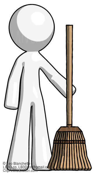 White Design Mascot Man Standing With Broom Cleaning Services #8950