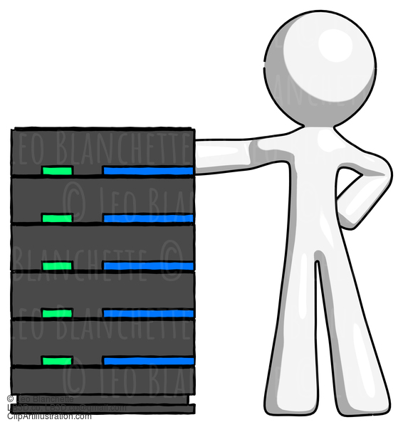 White Design Mascot Man With Server Rack Leaning Confidently Against It #8951