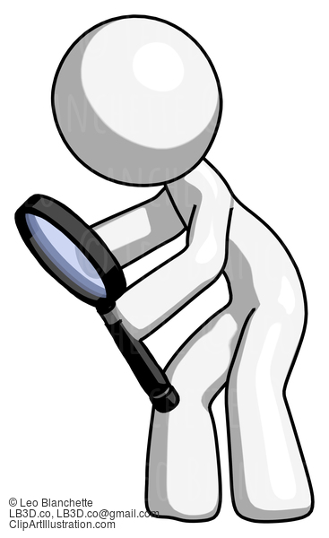 White Design Mascot Man Inspecting With Large Magnifying Glass Left #8955