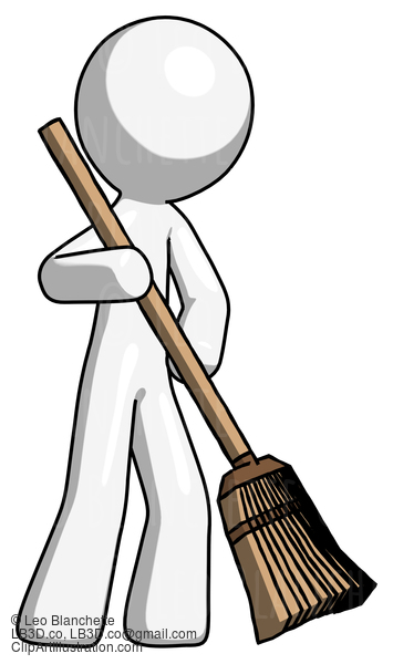 White Design Mascot Man Sweeping Area With Broom #8956