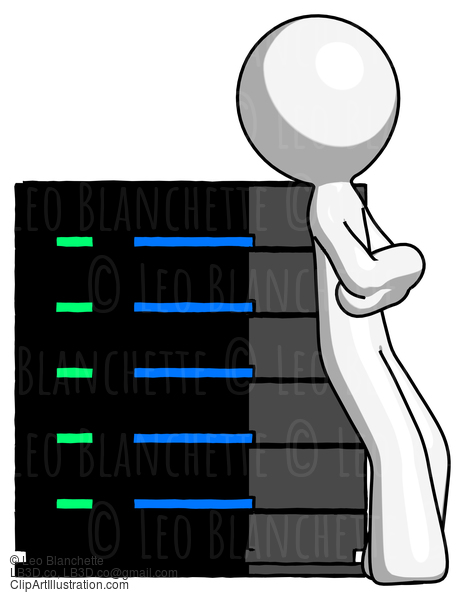 White Design Mascot Man Resting Against Server Rack Viewed At Angle #8958