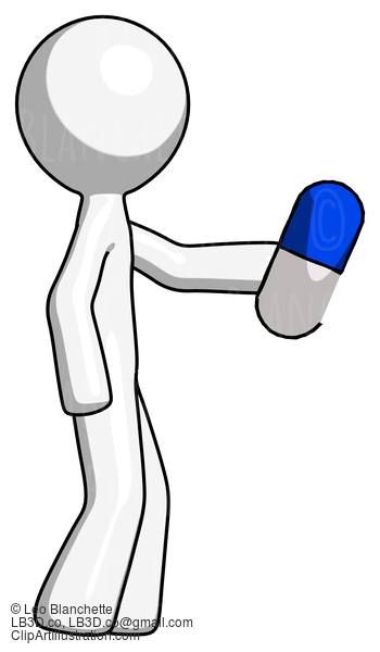 White Design Mascot Man Holding Blue Pill Walking To Right #8959