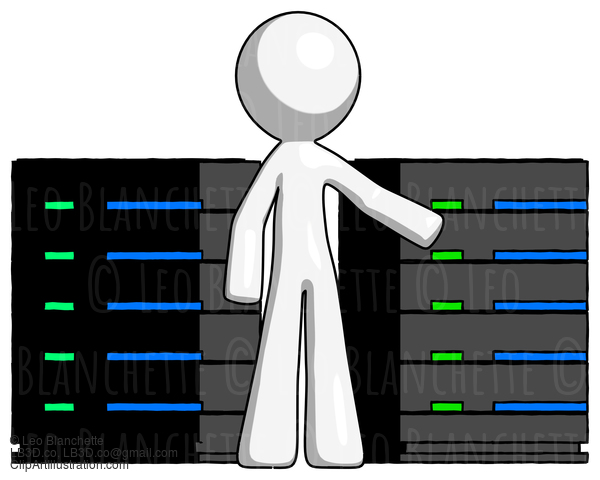 White Design Mascot Man With Server Racks, In Front Of Two Networked Systems #8961