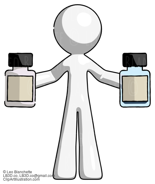 White Design Mascot Man Holding Two Medicine Bottles #8966