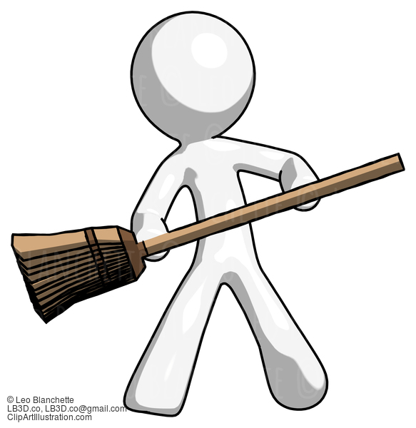 White Design Mascot Man Broom Fighter Defense Pose #8968