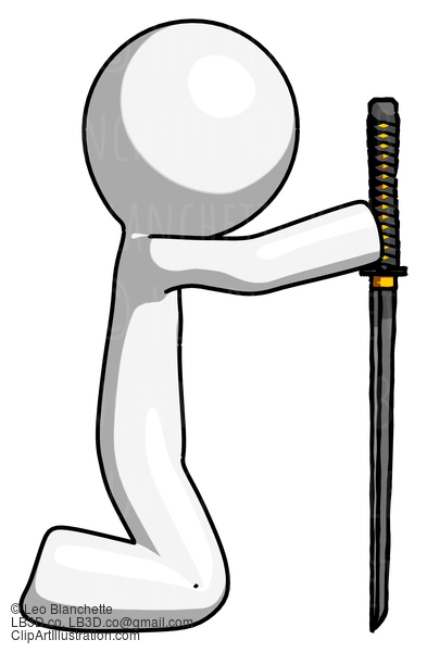 White Design Mascot Man Kneeling With Ninja Sword Katana Showing Respect #8970