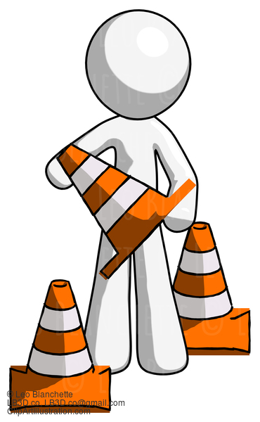 White Design Mascot Man Holding A Traffic Cone #8972