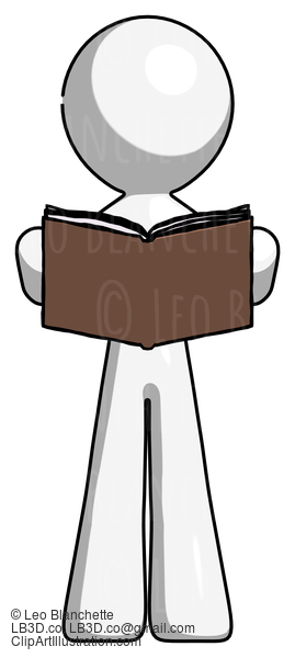 White Design Mascot Man Reading Book While Standing Up Facing Viewer #8976