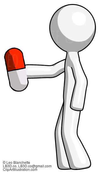 White Design Mascot Man Holding Red Pill Walking To Left #8981