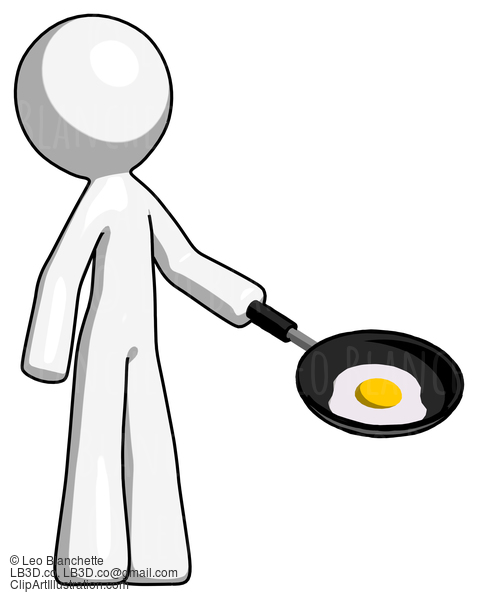 White Design Mascot Man Frying Egg In Pan Or Wok Facing Right #8982