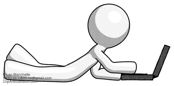 White Design Mascot Man Using Laptop Computer While Lying On Floor Side View #8991