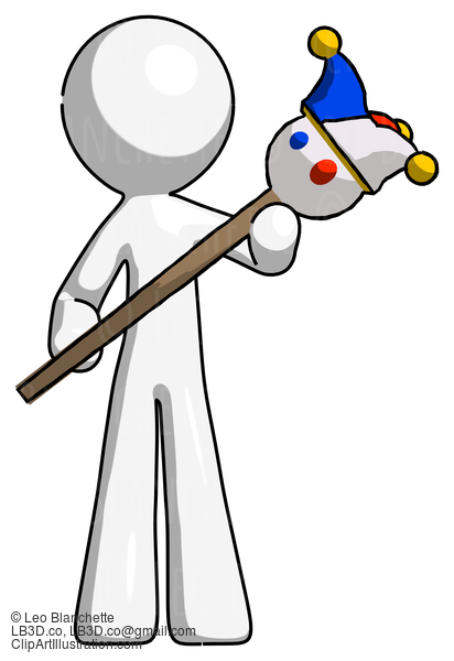 White Design Mascot Man Holding Jester Diagonally #8993