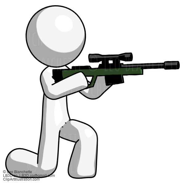 White Design Mascot Man Kneeling Shooting Sniper Rifle #8995