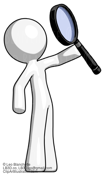 White Design Mascot Man Inspecting With Large Magnifying Glass Facing Up #9003