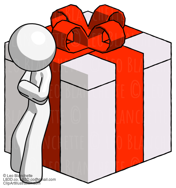 White Design Mascot Man Leaning On Gift With Red Bow Angle View #9007