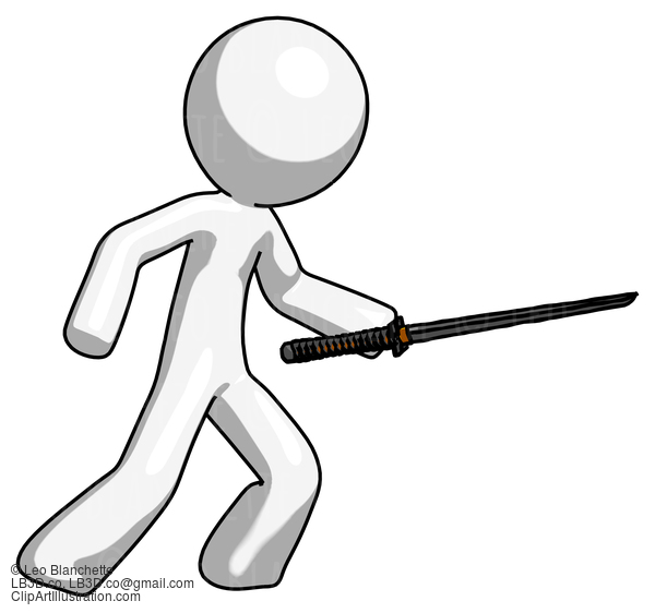 White Design Mascot Man Stabbing With Ninja Sword Katana #9013