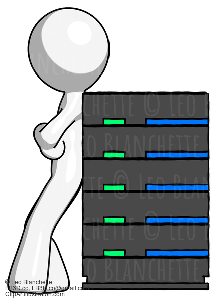 White Design Mascot Man Resting Against Server Rack #9014