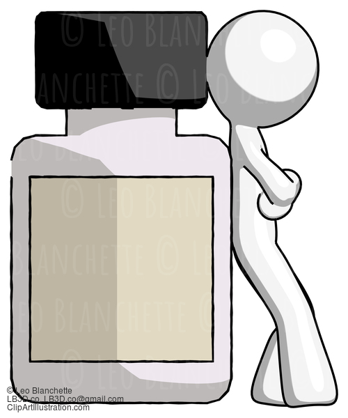 White Design Mascot Man Leaning Against Large Medicine Bottle #9018