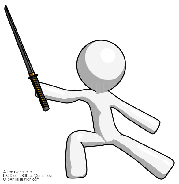 White Design Mascot Man With Ninja Sword Katana In Defense Pose #9020