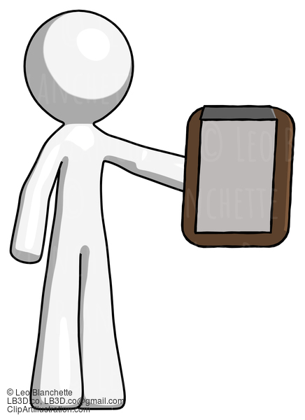 White Design Mascot Man Showing Clipboard To Viewer #9024