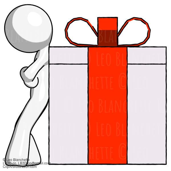 White Design Mascot Man Gift Concept - Leaning Against Large Present #9031