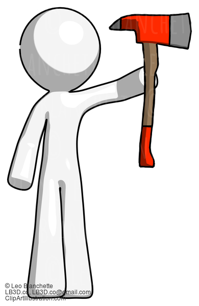 White Design Mascot Man Holding Up Red Firefighter’S Ax #9051