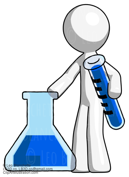 White Design Mascot Man Holding Test Tube Beside Beaker Or Flask #9056