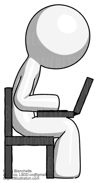 White Design Mascot Man Using Laptop Computer While Sitting In Chair View From Side #9058