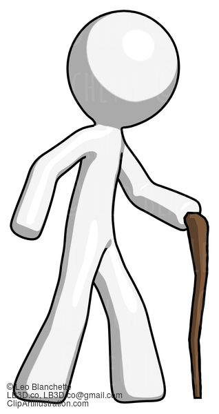 White Design Mascot Man Walking With Hiking Stick #9061