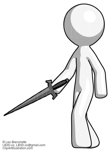 White Design Mascot Man With Sword Walking Confidently #9066