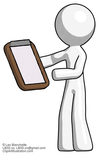 White Design Mascot Man Reviewing Stuff On Clipboard #9068