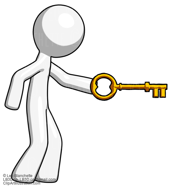 White Design Mascot Man With Big Key Of Gold Opening Something #9071