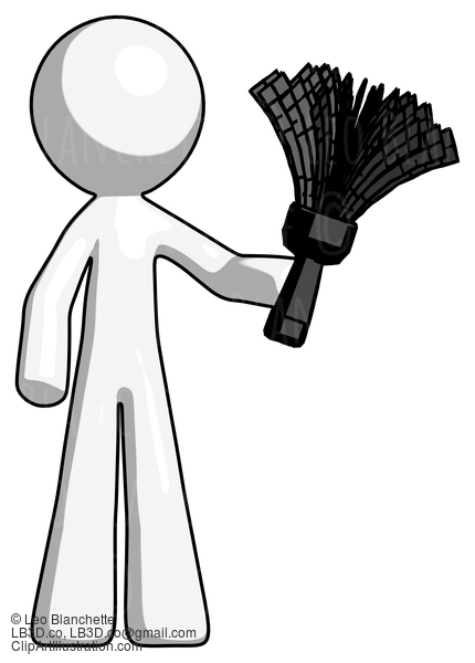 White Design Mascot Man Holding Feather Duster Facing Forward #9072