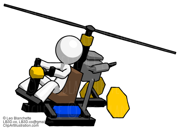 White Design Mascot Man Flying In Gyrocopter Front Side Angle Top View #9073