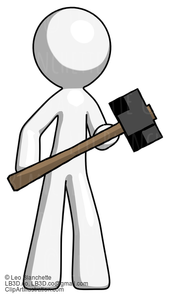 White Design Mascot Man With Sledgehammer Standing Ready To Work Or Defend #9076