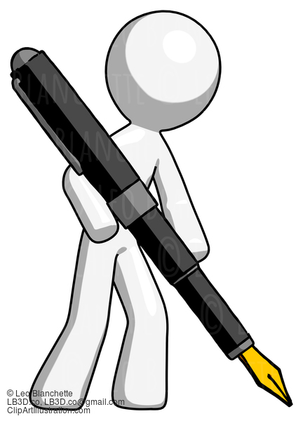 White Design Mascot Man Drawing Or Writing With Large Calligraphy Pen #9081