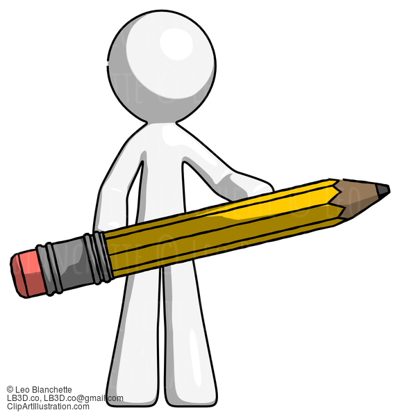 White Design Mascot Man Writer Or Blogger Holding Large Pencil #9088