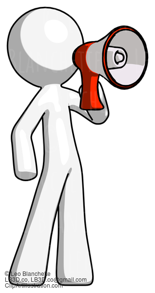 White Design Mascot Man Shouting Into Megaphone Bullhorn Facing Right #9091