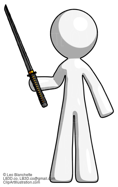 White Design Mascot Man Standing Up With Ninja Sword Katana #9092