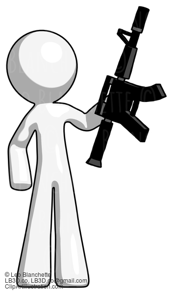 White Design Mascot Man Holding Automatic Gun #9094