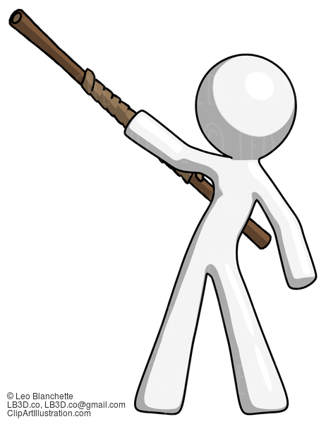 White Design Mascot Man Bo Staff Pointing Up Pose #9107