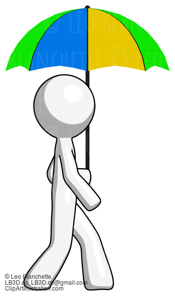 White Design Mascot Man Walking With Colored Umbrella #9109