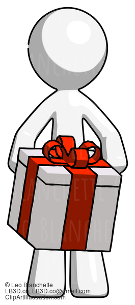 White Design Mascot Man Gifting Present With Large Bow Front View #9110