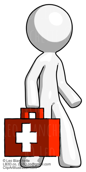 White Design Mascot Man Walking With Medical Aid Briefcase To Right #9112