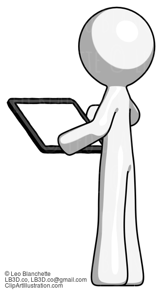 White Design Mascot Man Looking At Tablet Device Computer With Back To Viewer #9113