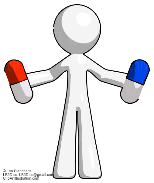 White Design Mascot Man Holding A Red Pill And Blue Pill #9115