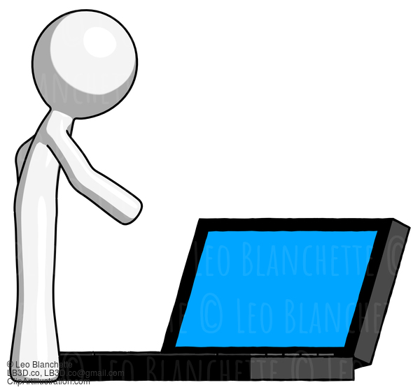 White Design Mascot Man Using Large Laptop Computer Side Orthographic View #9118