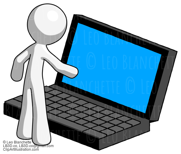 White Design Mascot Man Using Large Laptop Computer #9120