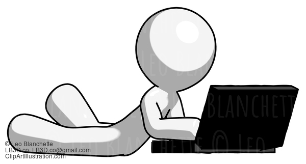 White Design Mascot Man Using Laptop Computer While Lying On Floor Side Angled View #9124