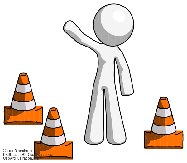 White Design Mascot Man Standing By Traffic Cones Waving #9125